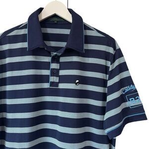 Extracurricular Polo Shirt Mens L Blue Striped Embroidered Logo Golf Dad Casual